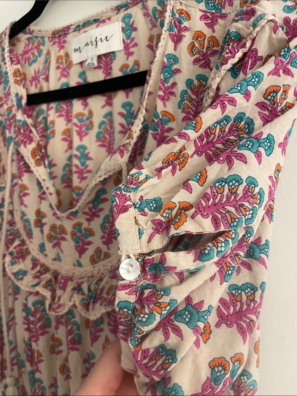 Floral Boho Ruffle Dress in Cream Teal Orange and Pink - Picture 2 of 4